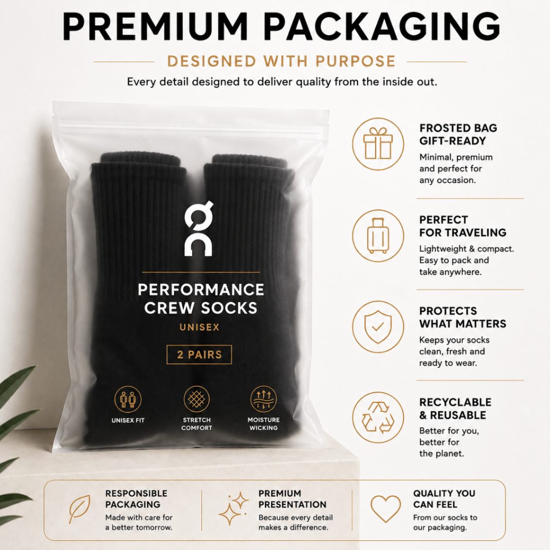 DQ FITNESS ON performance crew socks unisex 2-pack in frosted, reusable premium packaging