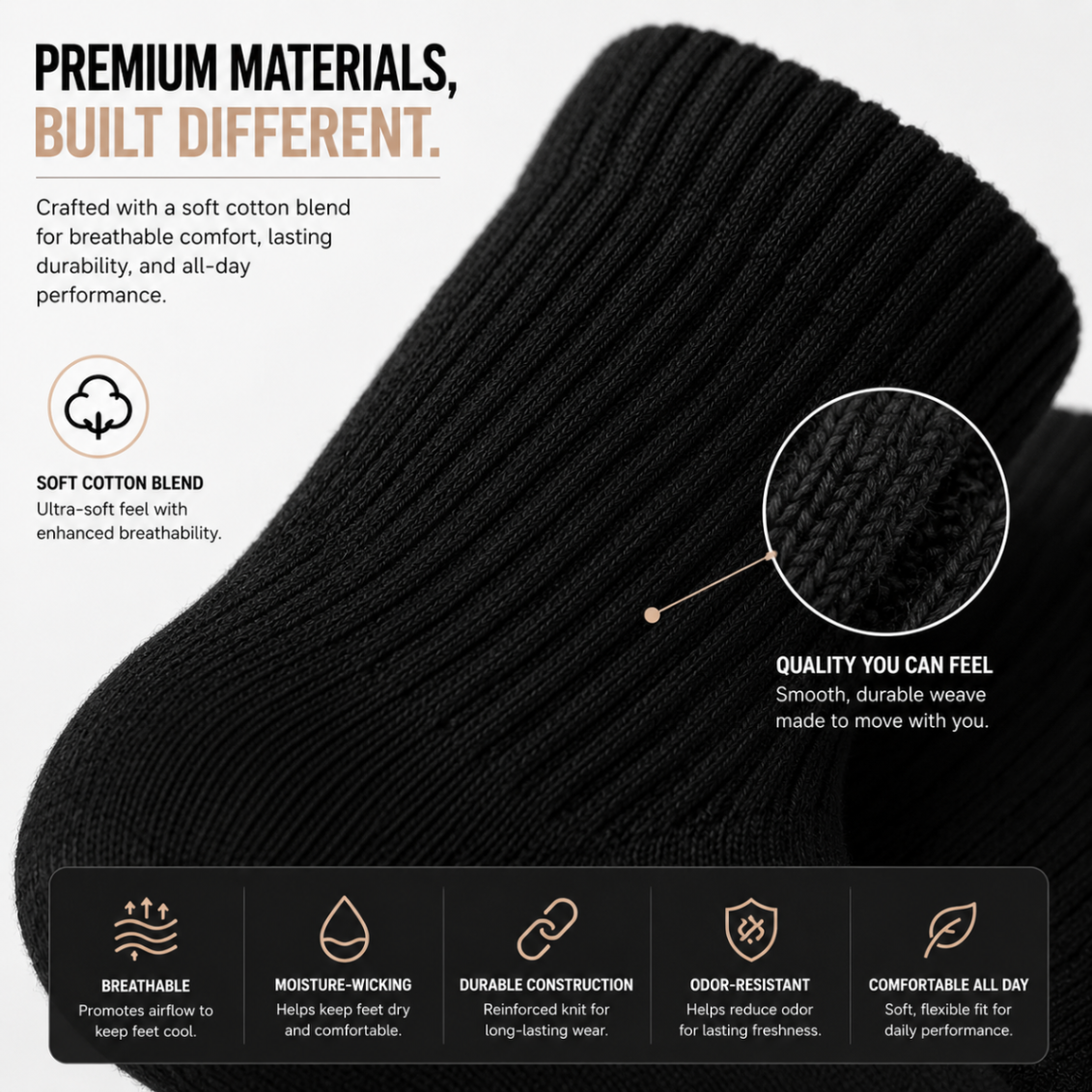Premium materials — soft cotton blend with durable, breathable, moisture-wicking construction